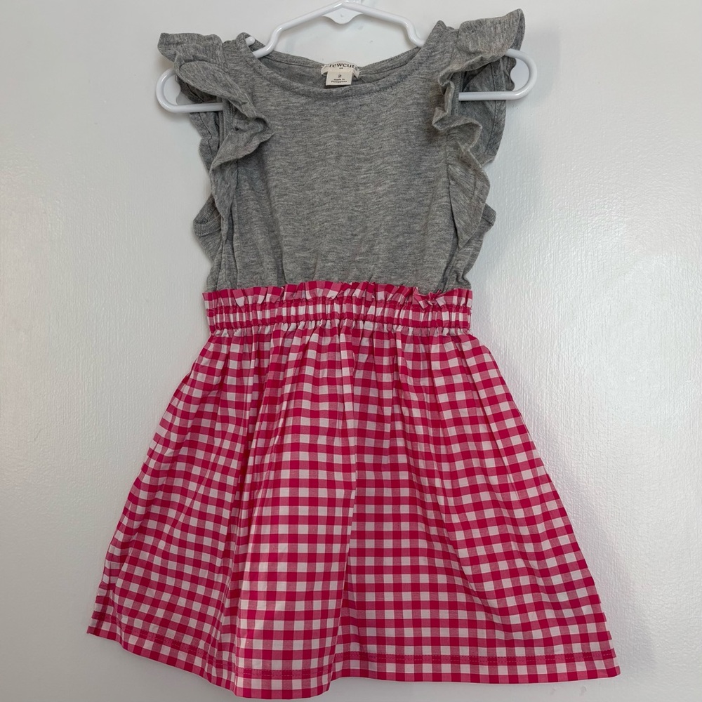 NWT Crewcuts Gingham Pink White Flutter Sleeve Dress Gray Cotton Girl Size 2T